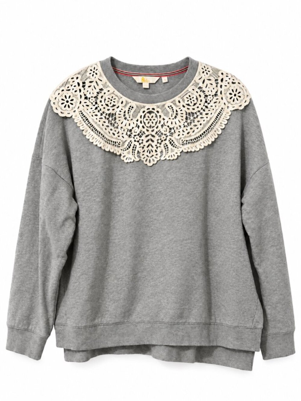 Boden Gray Crewneck Sweatshirt White Floral Lace Yoke Size M